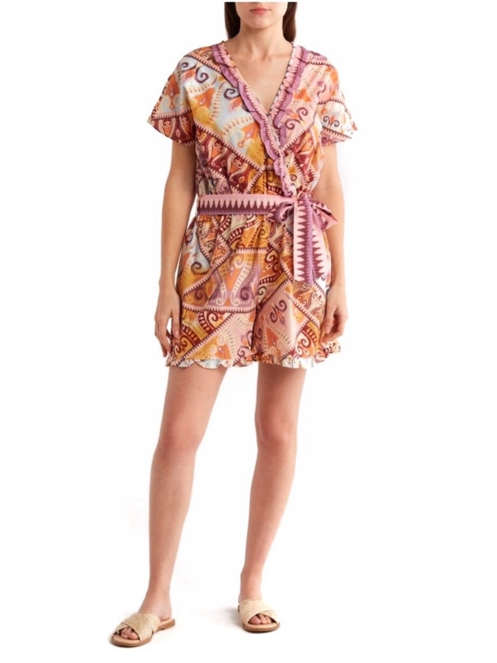Industry Boho Printed V-Neck Multi Colorful Ruffled Shorts Tie Belt Romper